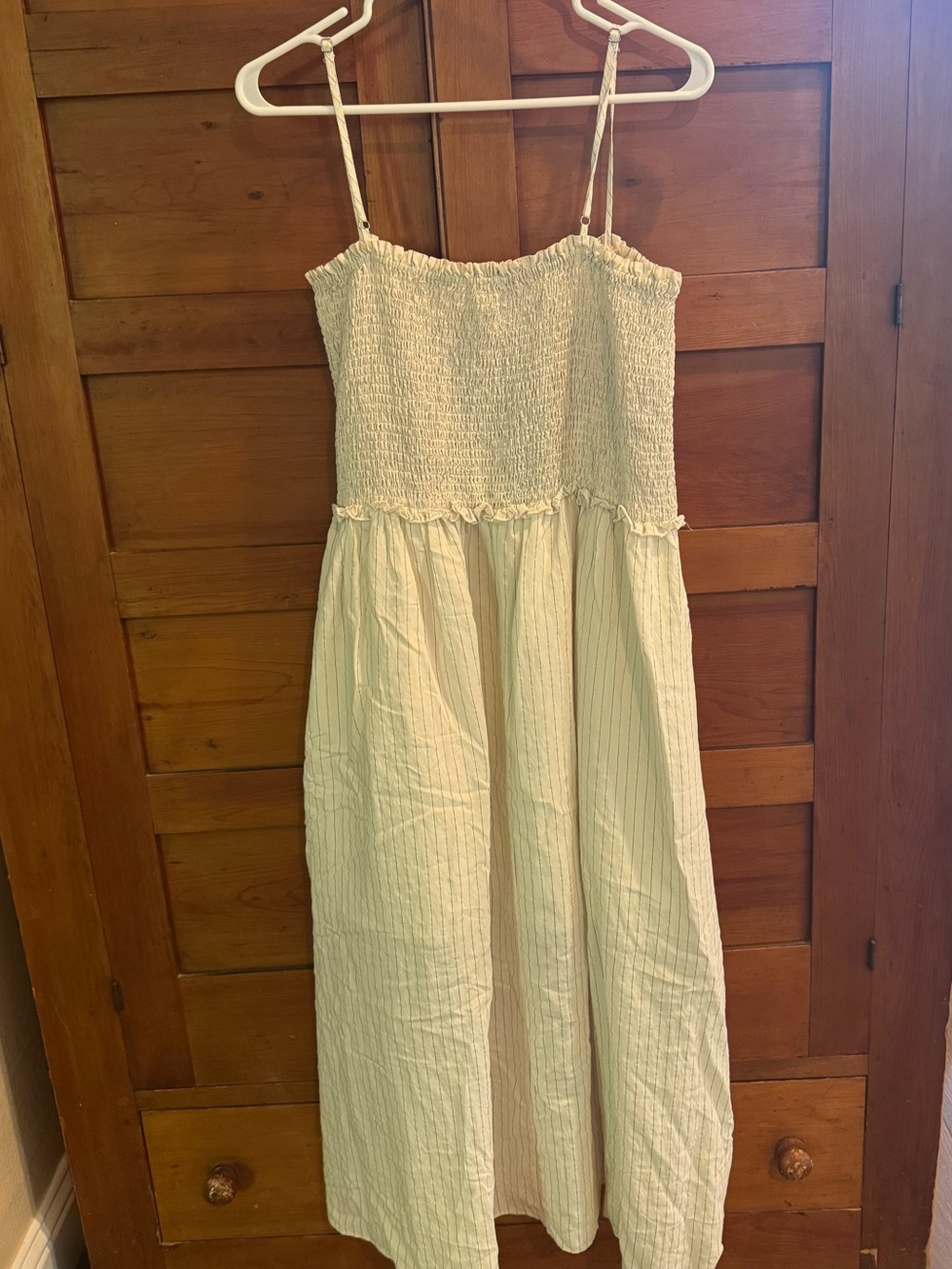 Mod Ref Cream Smocked Top with Subtle Black Pinstripes, Sz L